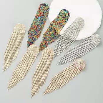 Женские длинные серьги-кисточки с цепочкой из геометрического сплава с кристаллами и стразами, преувеличенные банкетные серьги-подвески OneSize