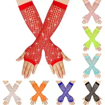 Женские длинные сетчатые перчатки без пальцев с рукавами в сеточку со стразами, ажурные варежки, эластичные оранжевый