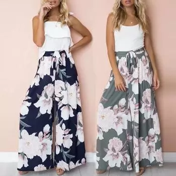 Женские длинные широкие брюки-палаццо с цветочным геометрическим принтом, эластичные брюки с высокой талией и поясом, свободные брюки-кюлоты макси S синий