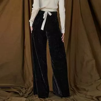 Женские длинные струящиеся элегантные модные брюки с высокой талией больших размеров зимние бархатные широкие штанины S чёрный
