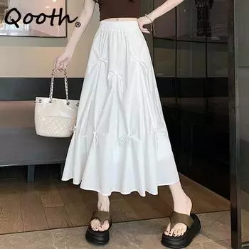 Женские длинные юбки с высокой талией, кавайная однотонная юбка трапециевидной формы с бантом, новая модная плиссированная синяя юбка для девочек, летняя QT2383 белый