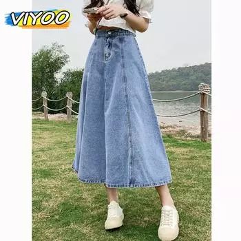 Женские длинные юбки с высокой талией в корейском стиле, женские джинсы, лето 2023, тонкая джинсовая длинная юбка трапециевидной формы, универсальные юбки-миди