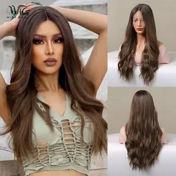 Женские длинные вьющиеся волосы 62 см, Т-образный передний кружевной сеточный головной убор из розовых волос, полный головной убор, парик Карни Канекалон ручной работы 62cm коричневый