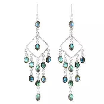 Женские длинные висячие серьги с драгоценным камнем лабрадорит, подарок для нее, серьга с ободом, серебро 925 пробы, серьги в стиле бохо