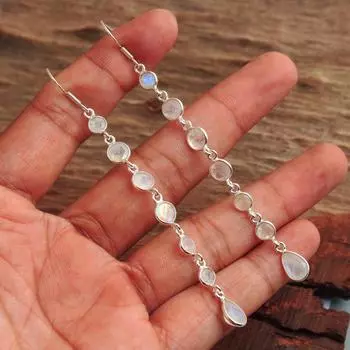 Женские длинные висячие серьги с лунным камнем, свадебные украшения ручной работы из 100% стерлингового серебра 925 пробы белый
