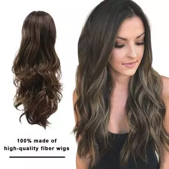Женские длинные волнистые вьющиеся парики Естественный вид Высокотемпературные шелковые пушистые волосы Парики Полные кружевные шапочки Долговечный модный коричневый с центральным пробором A