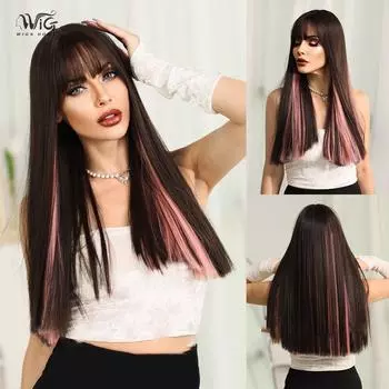 Женские длинные волосы 58 см, длинные прямые волосы, комплект на всю голову, розовая сетка для волос, натуральный и реалистичный парик из волос с имитацией волос 58 22.83INCH чёрный/розовый