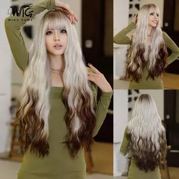 Женские длинные волосы 80 см, вьющиеся волосы, волнистые волосы, имитация волос, натуральная красота, декоративный головной убор, парик 80cm коричневый/белый
