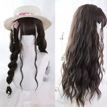 Женские длинные волосы с челкой, большие волны, повседневная одежда, волосы из химического волокна, высокая термостойкость 60cm