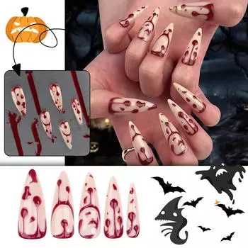 Женские длинные заостренные французские накладные ногти на Хэллоуин (Клей 2мл) красный