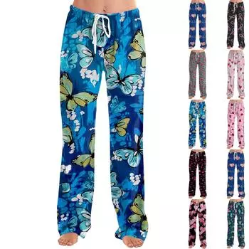 Женские домашние брюки с принтом Allover, пижамные брюки для сна, длинные брюки, пижамные брюки, брюки для йоги L синий