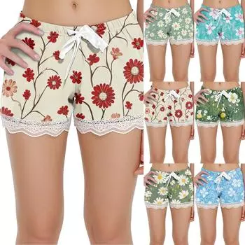 Женские домашние брюки с принтом Allover, пижамные брюки из кружева для сна, короткие брюки, пижамные брюки XXL бежевый