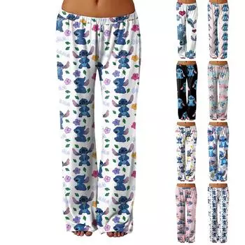 Женские домашние брюки с принтом всего тела, пижамы, летние весенние длинные брюки, одежда для сна, брюки для йоги L чёрный
