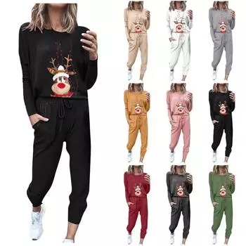 Женские домашние комплекты из двух предметов, толстовка с длинными рукавами и рождественским принтом, длинные брюки с карманами, спортивные костюмы M