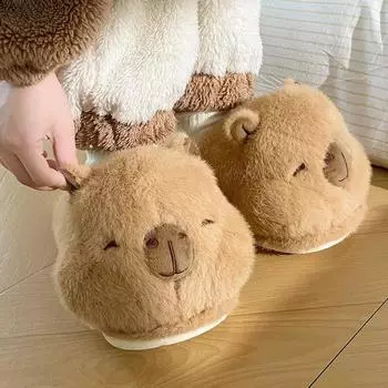 Женские домашние пушистые тапочки, зимние новые плюшевые теплые милые мультяшные туфли, женские мягкие меховые нескользящие тапочки для девочек из хлопка 36-37 светло-коричневого