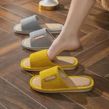 Женские домашние тапочки из хлопка и льна - бесшумные, на все времена года, для использования в помещении, лето/весна/осень.