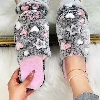 Женские домашние тапочки из хлопка, модные, не позиционирующие, с принтом «любовь-звезда», домашние теплые тапочки для женщин, нескользящие 36-37 серый