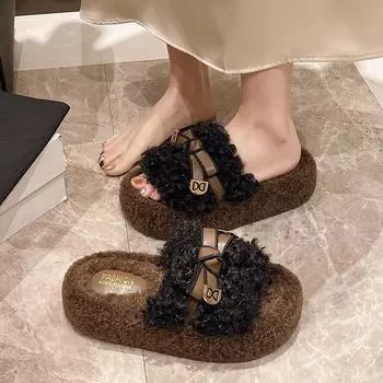 Женские домашние тапочки, осень 2024, новые плюшевые домашние тапочки для ленивых, прочные модные теплые сандалии, тапочки 35 чёрный