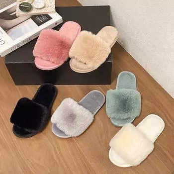 Женские домашние тапочки осень-зима с мехом, нескользящие повседневные домашние туфли на плоской подошве, однотонные женские шлепанцы, теплая обувь 36 чёрный