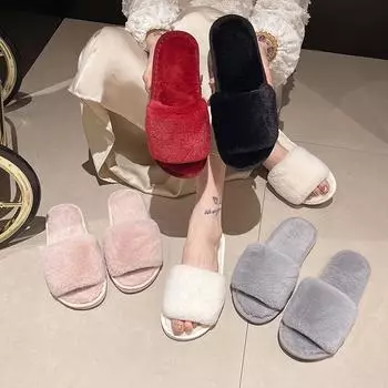 Женские домашние тапочки осень-зима с мехом, нескользящие, повседневные, для дома, туфли на плоской подошве, однотонные, женские шлепанцы, теплая обувь 36 чёрный