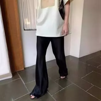 Женские драпированные брюки с эластичной резинкой на талии и широкими штанинами, повседневные длинные брюки, атласные глянцевые брюки длиной до пола M чёрный