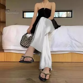 Женские драпированные брюки с эластичной резинкой на талии и широкими штанинами, повседневные длинные брюки, атласные глянцевые брюки длиной до пола M чёрный