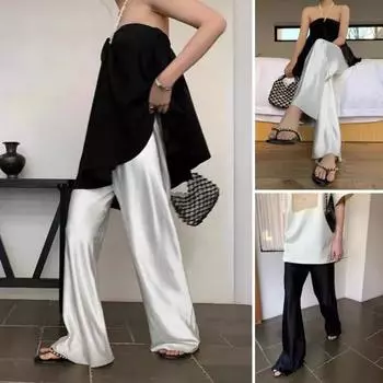 Женские драпированные брюки с эластичной резинкой на талии и широкими штанинами, повседневные длинные брюки, атласные глянцевые брюки длиной до пола M чёрный