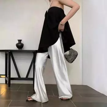 Женские драпированные брюки с широкими штанинами, атласные глянцевые повседневные длинные брюки с эластичной резинкой на талии длиной до пола, брюки M чёрный