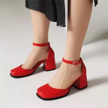 Женские двухсекционные туфли-лодочки из лакированной кожи с ремешком на щиколотке, женская модная обувь на высоком массивном каблуке с квадратным носком и пряжкой, весна-осень 34 чёрный