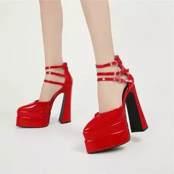 Женские двухсекционные туфли-лодочки с ремешком на щиколотке, острый носок, высокие каблуки, молния и пряжка, женская обувь на платформе, весна-осень, красные 42 35 чёрный