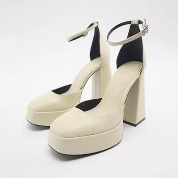 Женские двухсекционные туфли-лодочки с ремешком на щиколотке и квадратным носком, на платформе, на толстом высоком каблуке с пряжкой, женская модная обувь, весна-осень, бежевого цвета, 40 34 бежевый