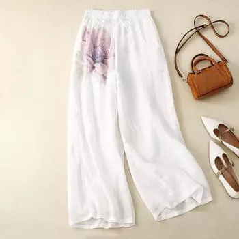 Женские двухслойные свободные повседневные брюки с высокой талией и принтом, 3 цвета, весна и лето, литературные ретро, широкие брюки из хлопка и льна XXL белый