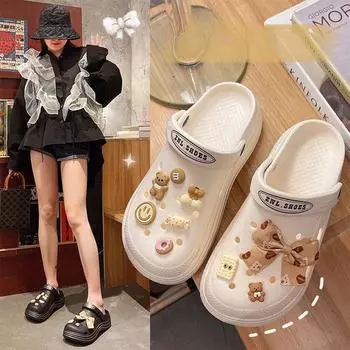 Женские дырчатые туфли для верхней одежды, летние, толстая подошва, увеличенный насос, нескользящие пляжные тапочки с бантом