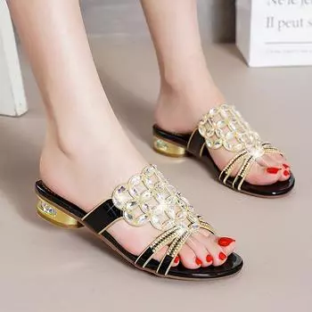 Женские дышащие босоножки со стразами и цветочным узором, летние модные новые кожаные тапочки, нескользящие босоножки с ромбовидным узором на толстом каблуке 33(Foot21.5cm) чёрный