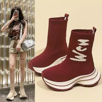 Женские дышащие ботильоны осенние массивные кроссовки модные вязаные высокие повседневные спортивные эластичные короткие ботинки женская обувь 35 бежевый