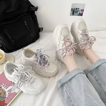 Женские дышащие кроссовки, повседневная обувь на толстой подошве со шнуровкой, корейские женские кроссовки на массивном каблуке, кожаная спортивная обувь 35 белый