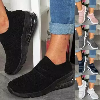 Женские дышащие легкие спортивные кроссовки без шнуровки с сеткой 42 чёрный