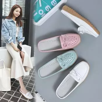 Женские дышащие нескользящие тапочки с резиновой подошвой и галстуком-бабочкой, повседневные кожаные мокасины, размеры 35-43 35 белый