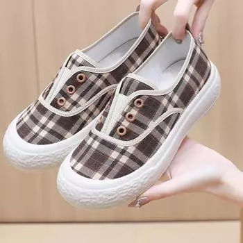 Женские дышащие парусиновые лоферы в клетку. Нескользящие легкие парусиновые кроссовки на плоской подошве. Удобная прогулочная обувь. Повседневная модельная обувь на плоской подошве. Холщовая обувь для женщин. 35 чёрный