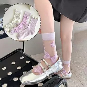 Женские дышащие прозрачные сетчатые носки с цветочным принтом и кристаллами, летние хлопковые милые носки до середины икры с бабочкой