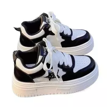 Женские дышащие ретро-кроссовки, повседневные белые туфли со звездами, толстые кроссовки с сердечками, повседневные кроссовки для бега на платформе Y2K Lovely Bread Shoes 35 чёрный