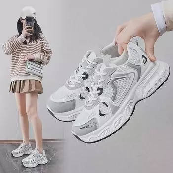 Женские дышащие сетчатые кроссовки Dad Shoes 2024 года — осенний корейский стиль, толстая подошва, универсальные повседневные кроссовки для бега (Д53) 35