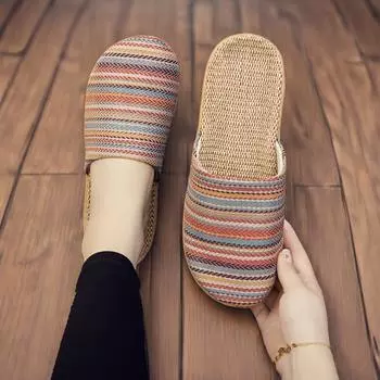 Женские дышащие тапочки в полоску в стиле бохо для дома, легкие нескользящие тапочки с мягкой подошвой 35-36 красный