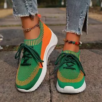 Женские дышащие трикотажные кроссовки, повседневная обувь на шнуровке для отдыха на открытом воздухе, легкие сетчатые низкие туфли Женская обувь 35 зелёный