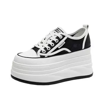 Женские дышащие туфли из вулканизированной кожи на высоком каблуке 9 см, новинка 2024 года, женские повседневные дышащие спортивные туфли с внутренним подъемом 34 чёрный