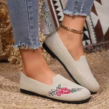 Женские дышащие вязаные туфли на плоской подошве с вышивкой, легкие слипоны на мягкой подошве, женские удобные нескользящие повседневные туфли 36 бежевый