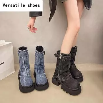 Женские джинсовые ботильоны, модные, элегантные, с молниями по бокам, с пряжкой на поясе, на толстом каблуке, женские, короткие, Morder, ботильоны 35
