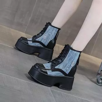 Женские джинсовые ботинки из натуральной кожи с толстой подошвой и круглым носком, короткие мотоциклетные ботинки с толстым каблуком и высокой посадкой 33 серый