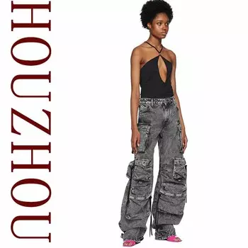 Женские джинсовые брюки, осень-зима, широкие джинсы с несколькими карманами, модные свободные длинные джинсовые брюки для отдыха, новое поступление S серый