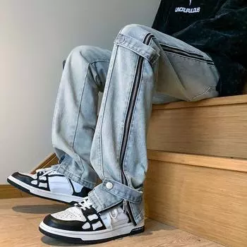 Женские джинсовые брюки с боковой застежкой-молнией с низкой талией, тонкая техническая одежда, прямые джинсовые брюки y2k, уличная модная повседневная одежда M синий